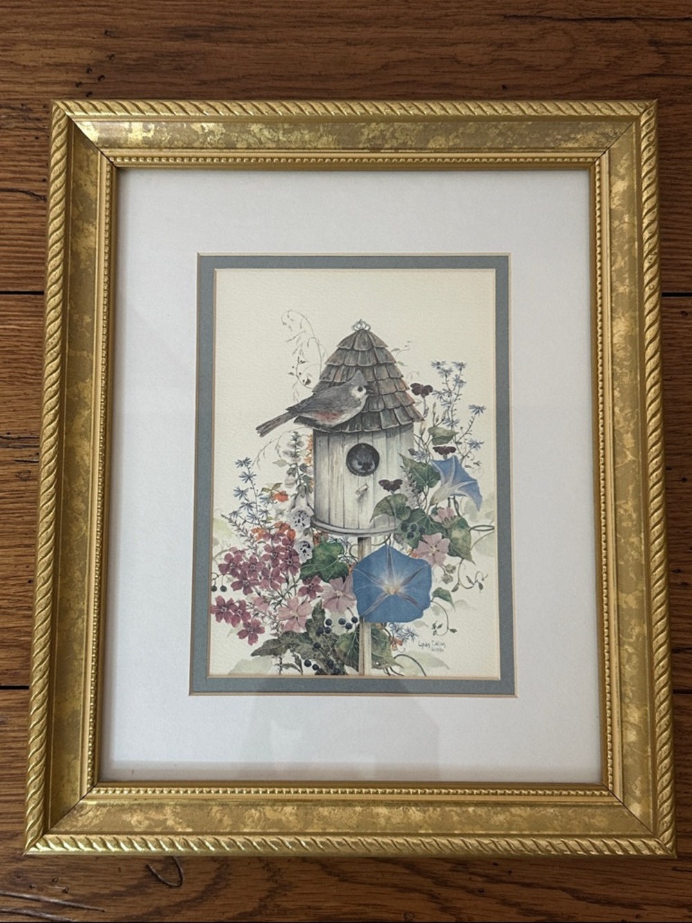 Vintage Birdhouse and Floral Art Print Signed by Cyndy Callog - 1994